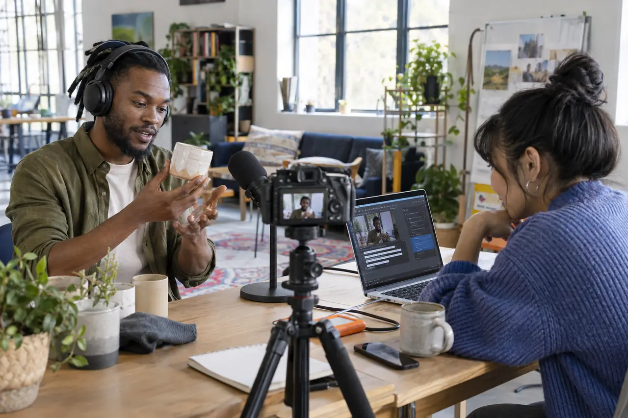 A creator preparing accessible social media content with a laptop and headphones in a bright studio