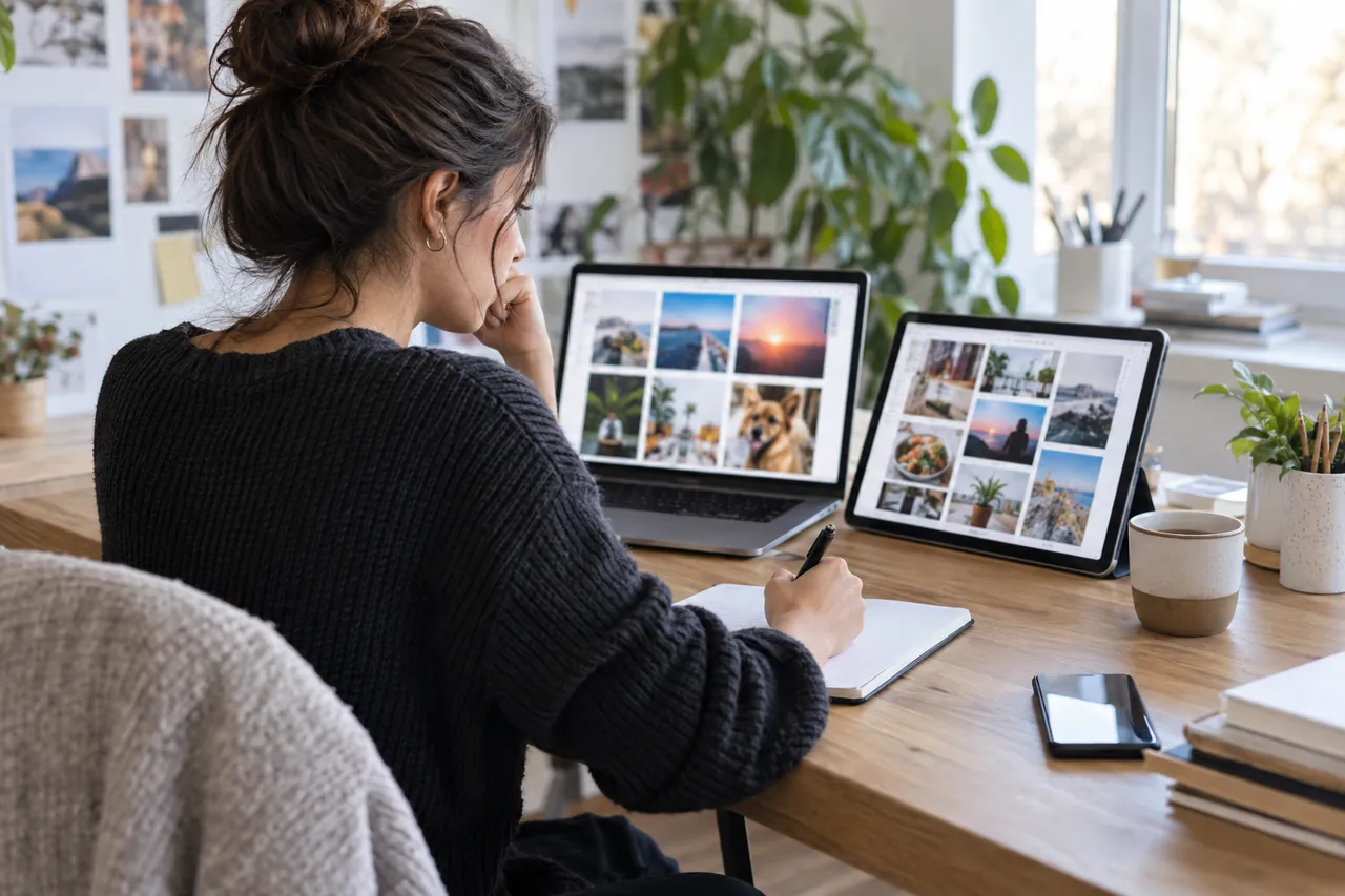 Personne comparant deux sélections de contenus sur un ordinateur et une tablette