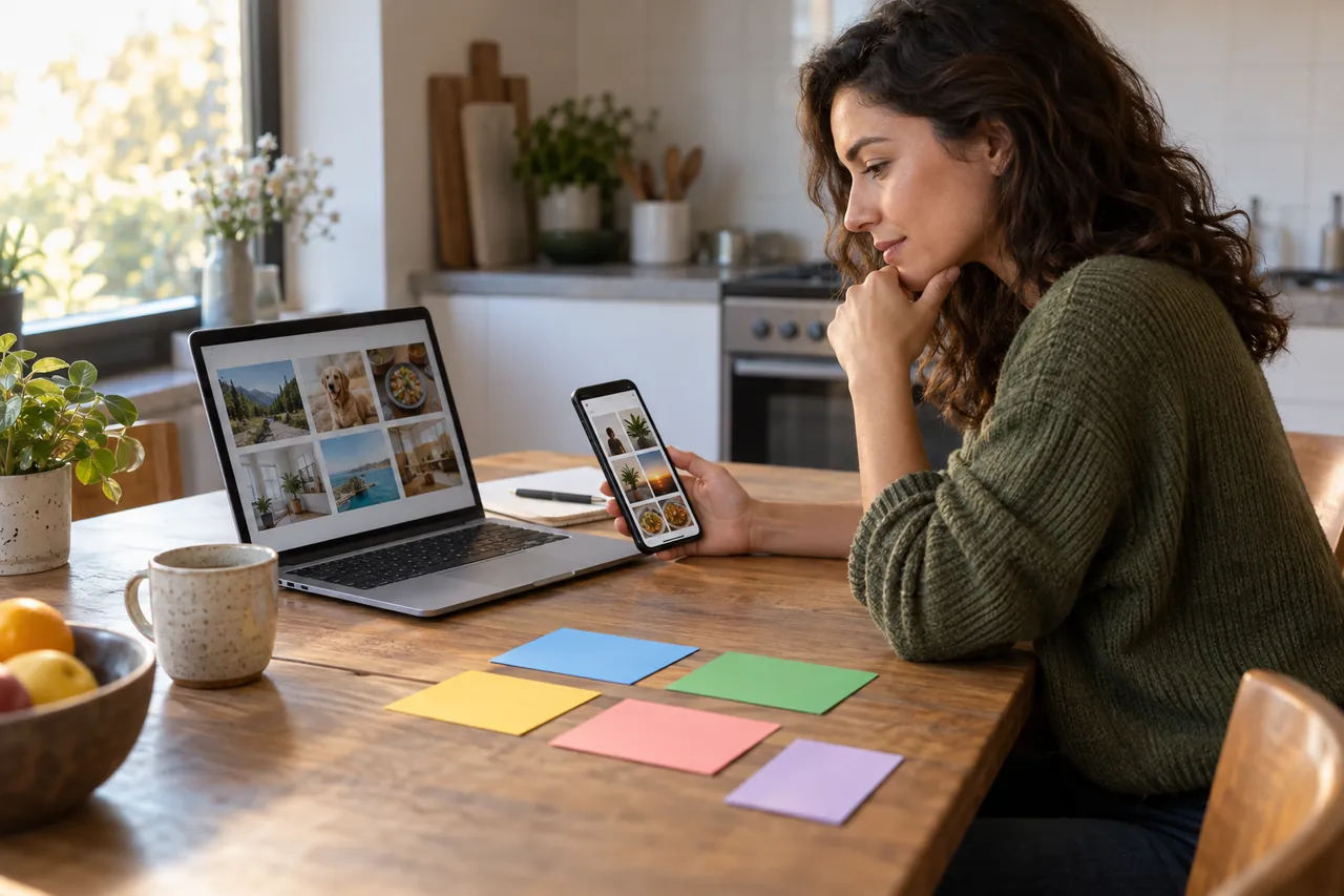 Woman comparing how content selections differ between a laptop and a phone