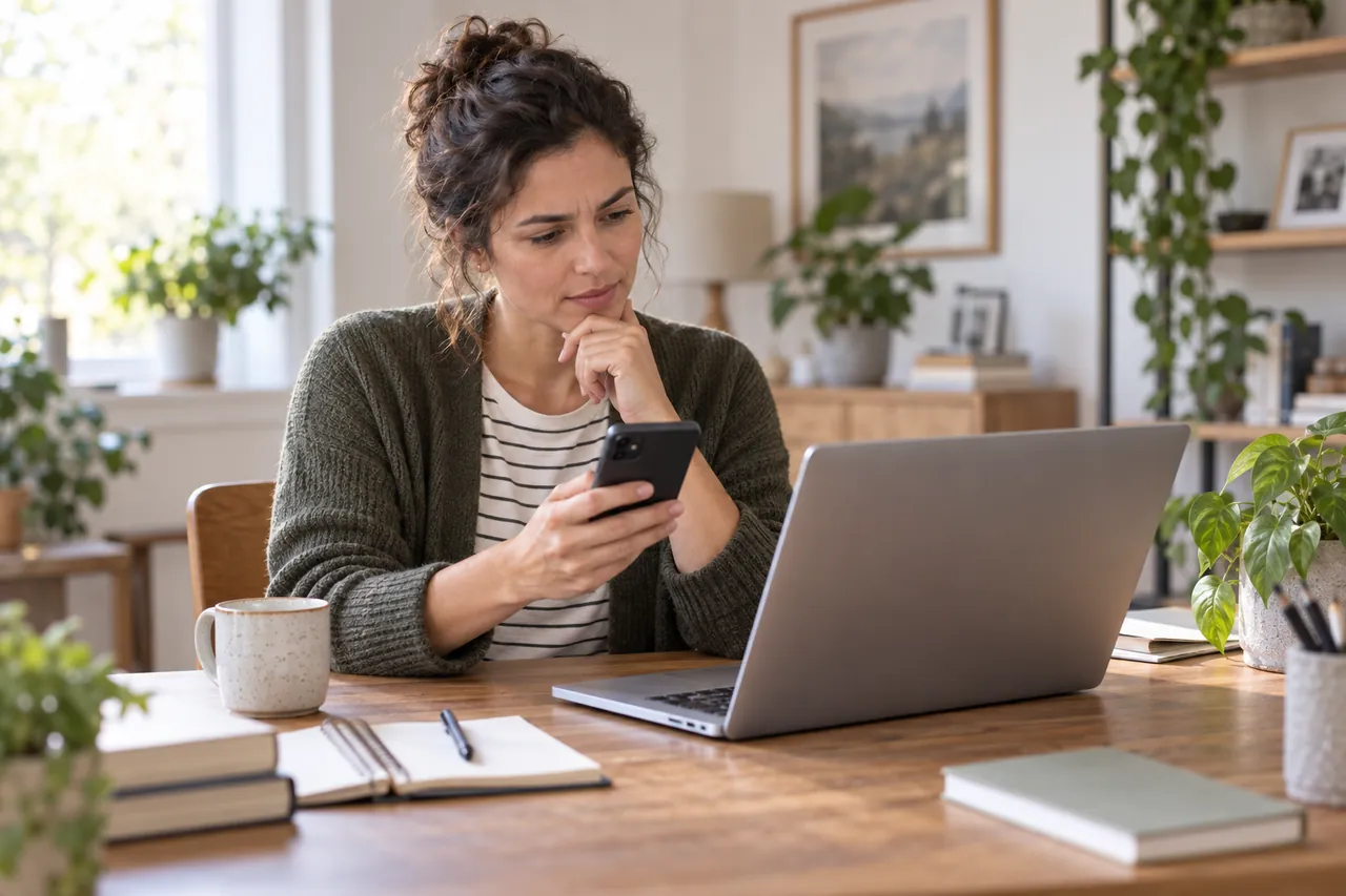Femme examinant avec attention un message reçu sur son téléphone avant d’agir