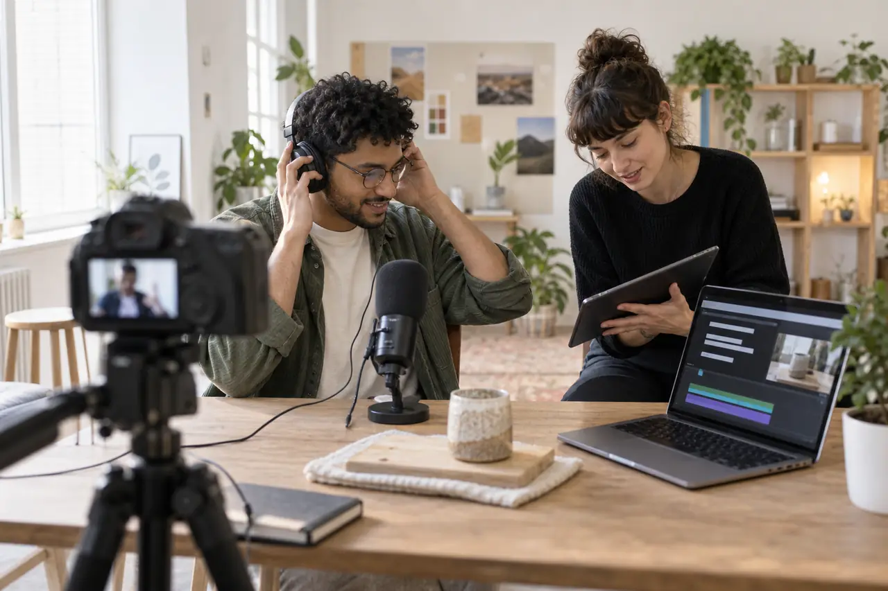 Une créatrice prépare une publication accessible avec un ordinateur et un casque dans un studio lumineux