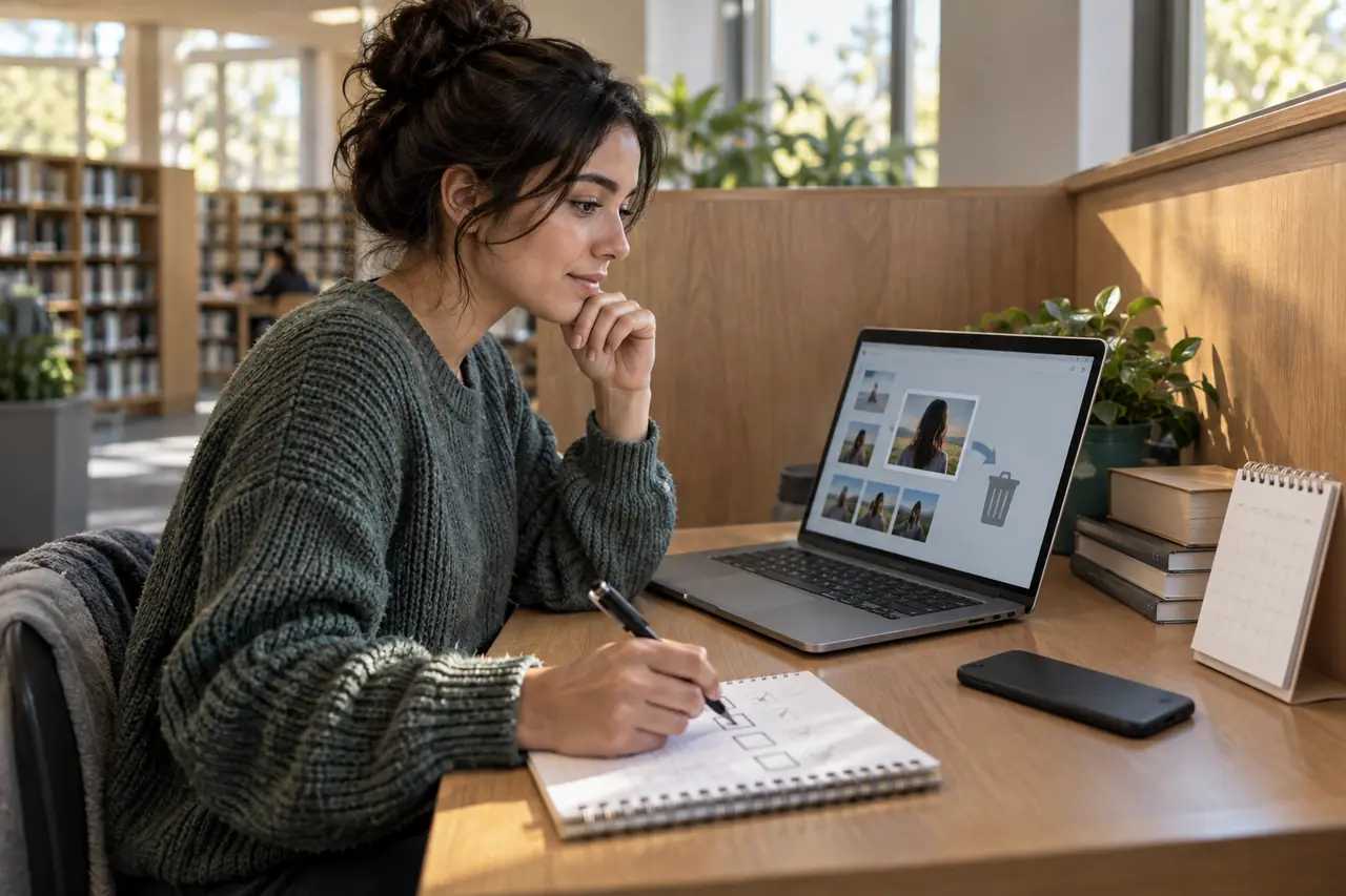 A person reviewing and organising their digital footprint on a laptop in a calm workspace