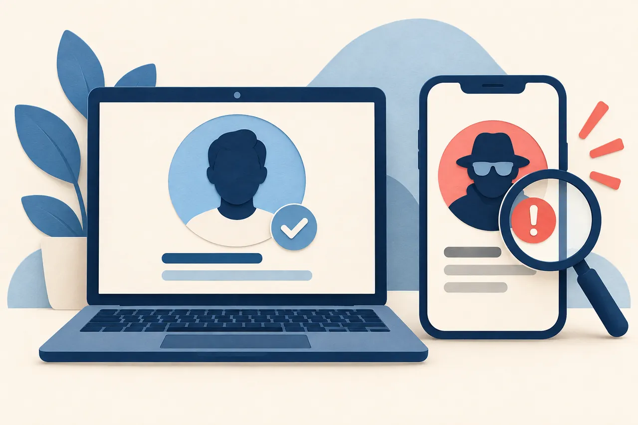 Illustration comparing an authentic profile and a suspicious profile on a laptop and phone