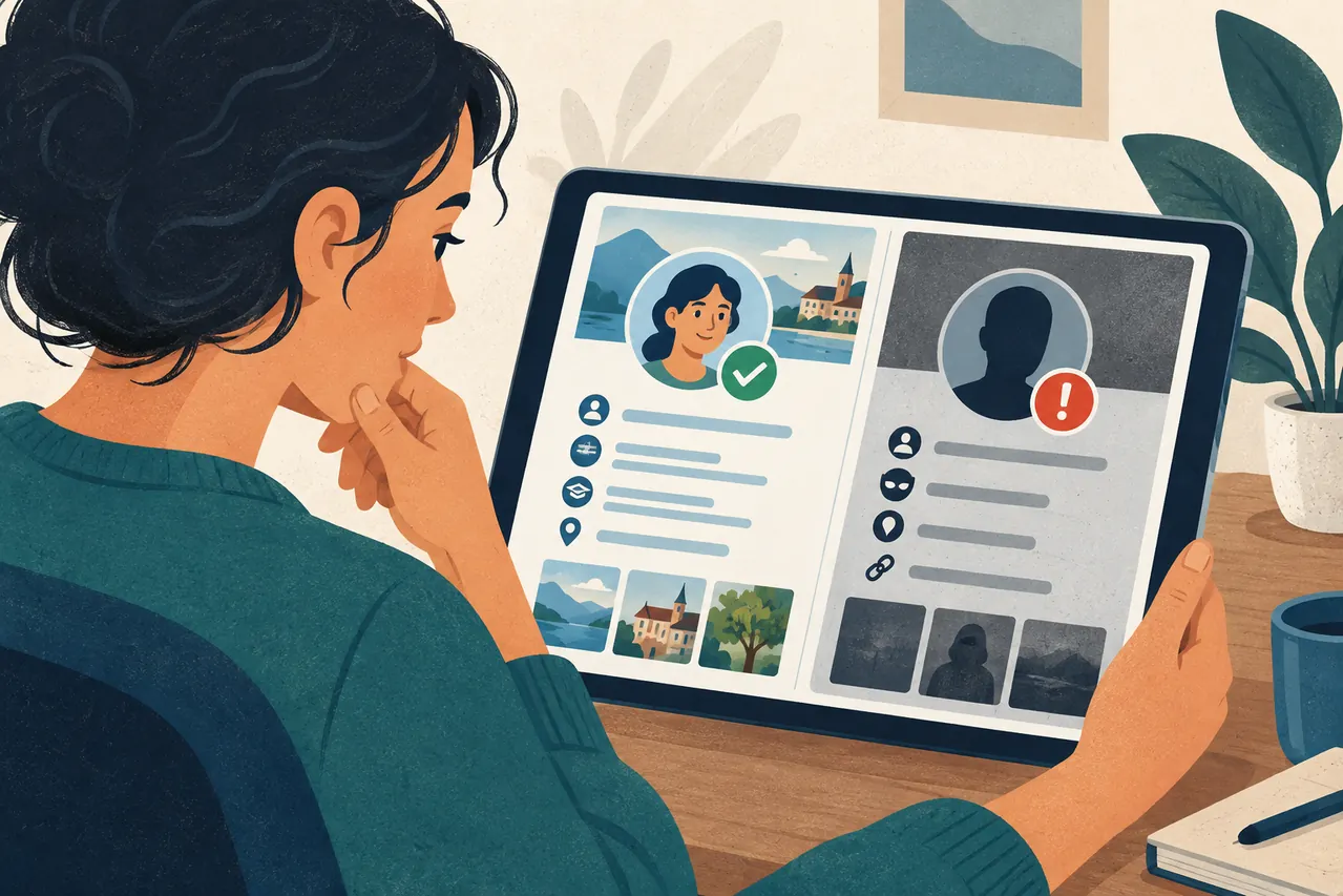 Illustration d’une personne comparant un profil crédible et un profil suspect sur une tablette