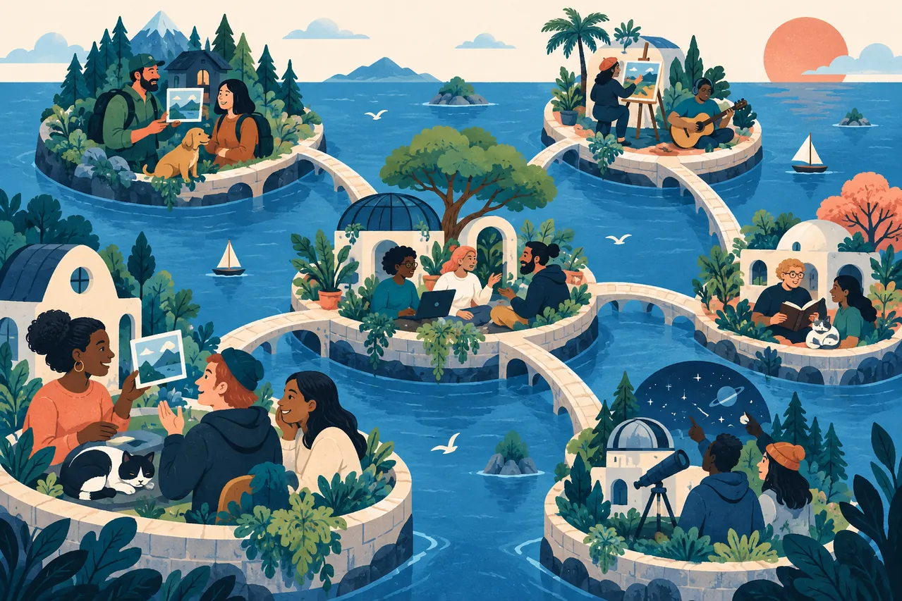 Illustration de communautés indépendantes reliées par des ponts au-dessus de l’eau