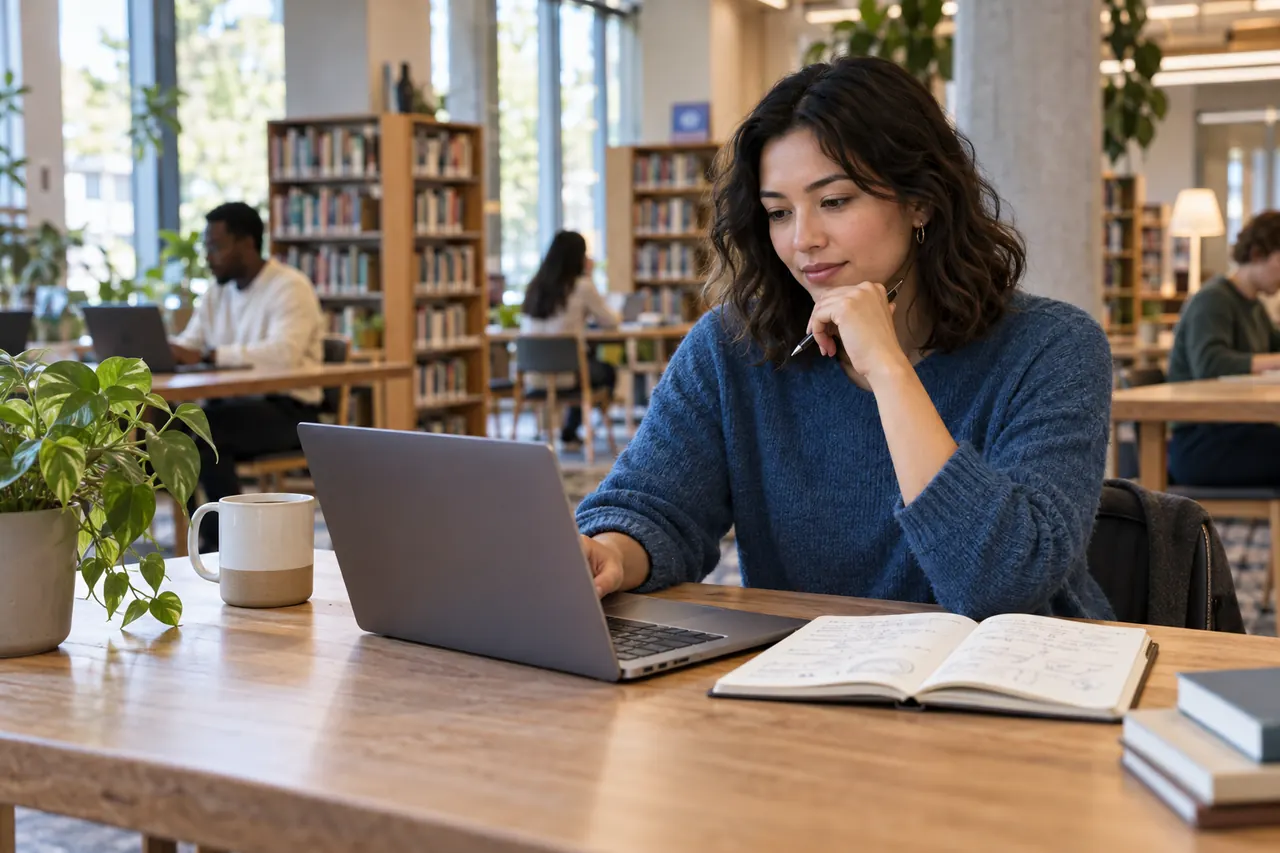 Une personne examine des communautés en ligne dans une bibliothèque