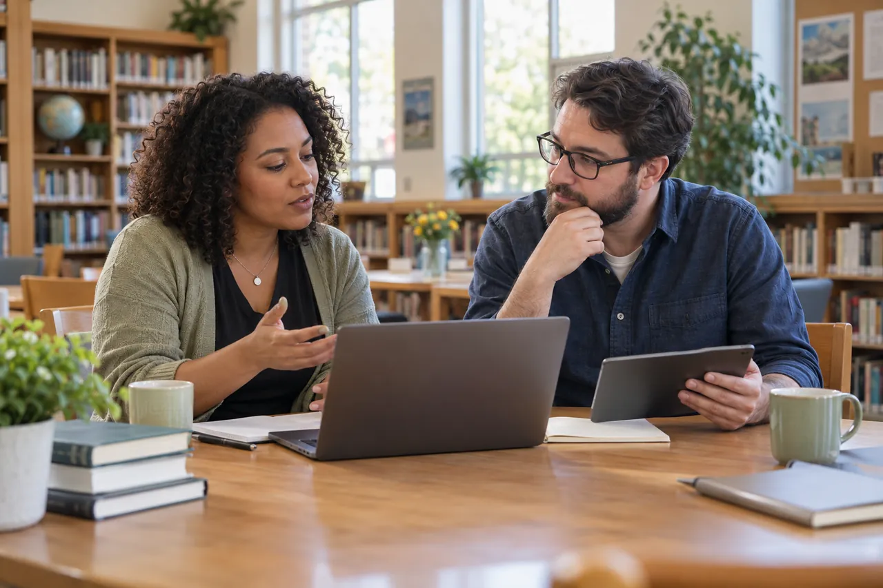 Two community moderators discussing a fair decision in a library meeting room