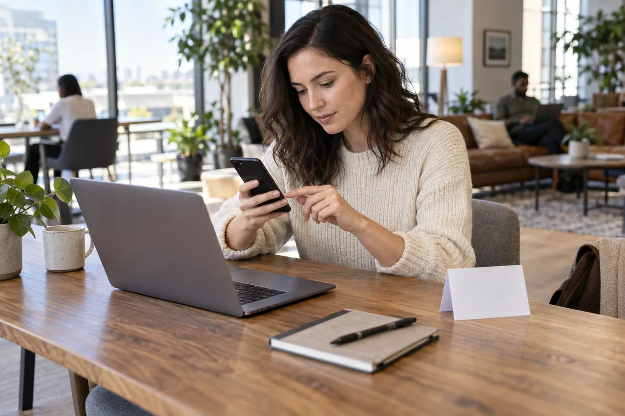 Woman calmly following account recovery steps from a laptop and phone