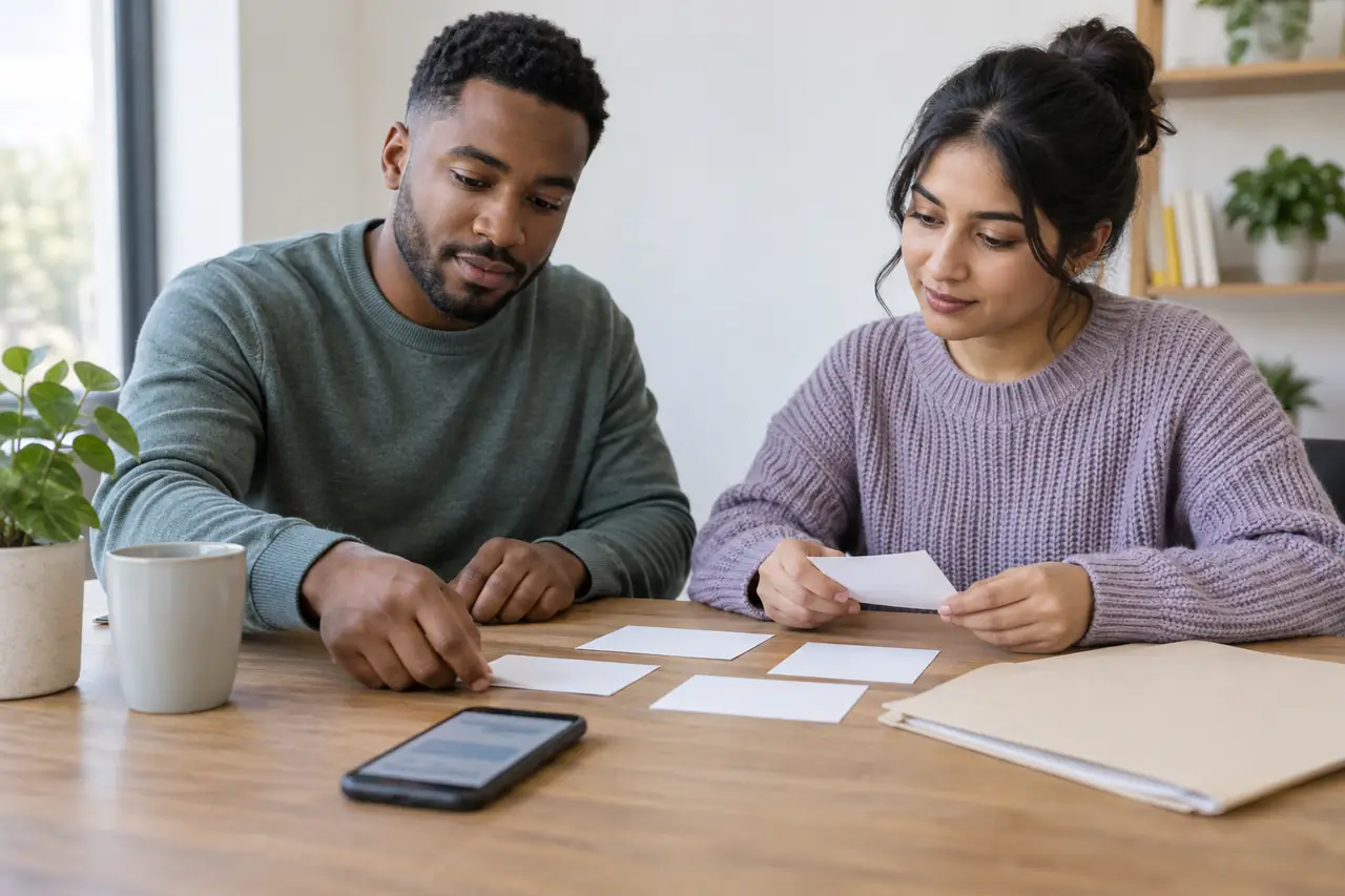 Two people calmly organising blank evidence cards and an unmarked folder at a table