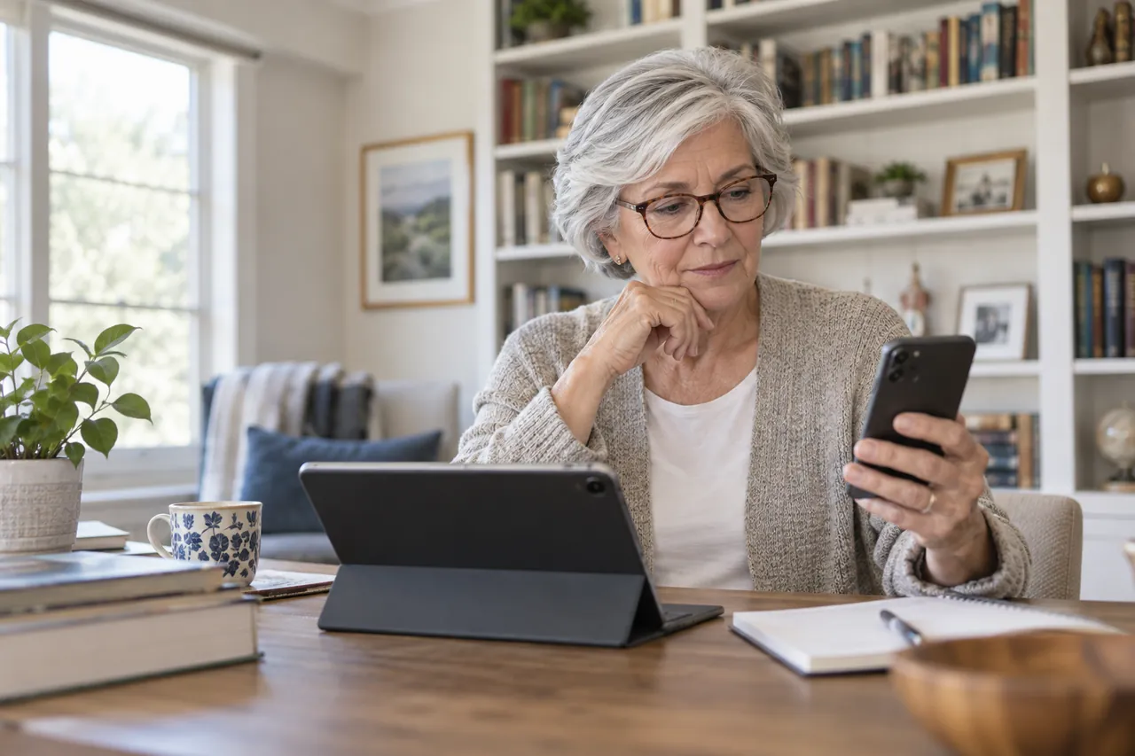 Older woman carefully checking a message on her phone before taking action