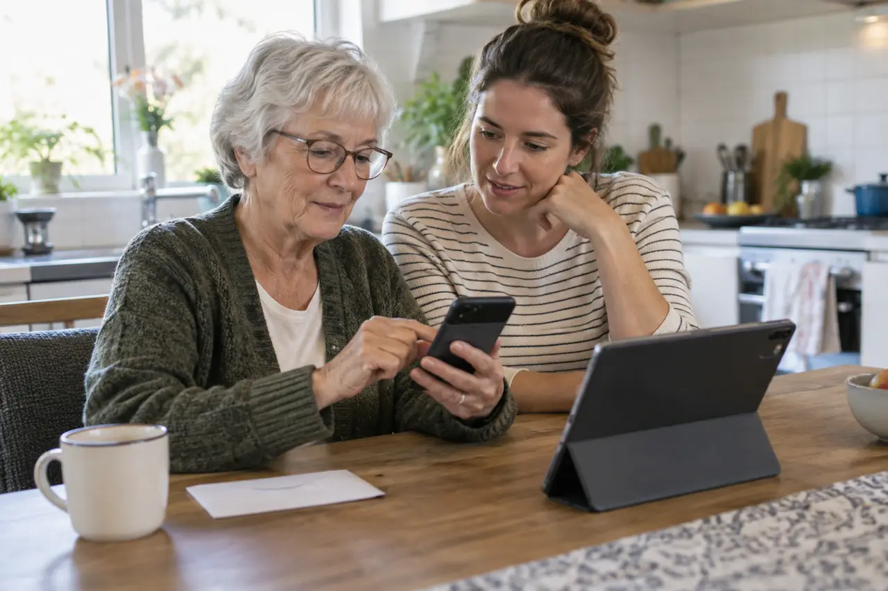 Two people calmly reviewing account security on a laptop at a bright kitchen table