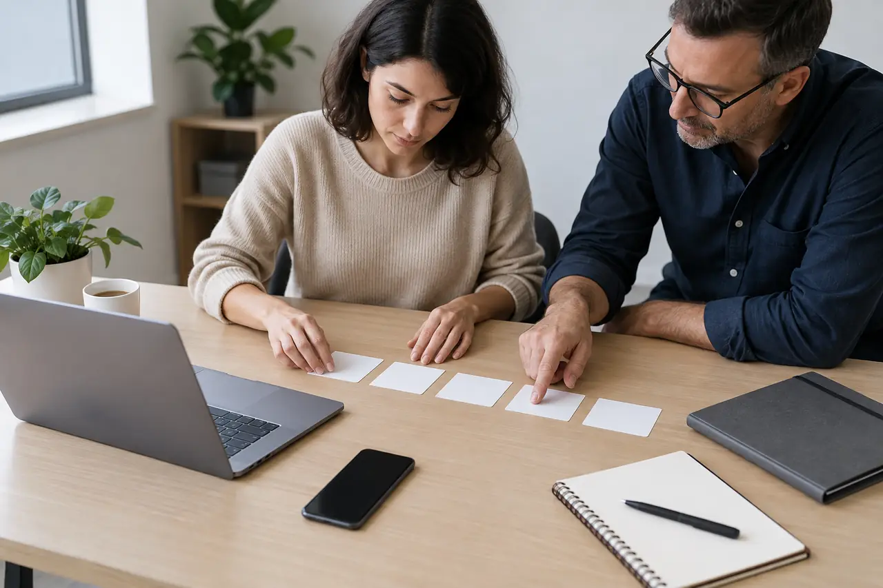 Deux personnes organisent ensemble des éléments de preuve sur une table, sans contenu sensible visible